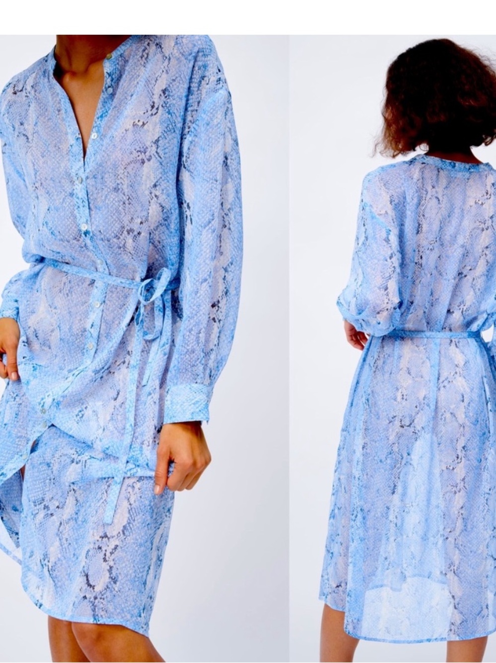 Zara Light Blue Snakeskin-Print Button Front Dress